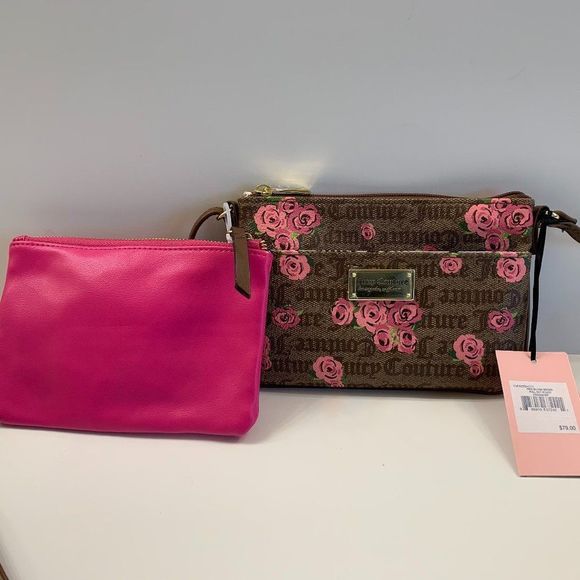 Juicy Couture Pink Bloom in Brown Signature Crossbody w/extra pouch - Picture 2 of 9